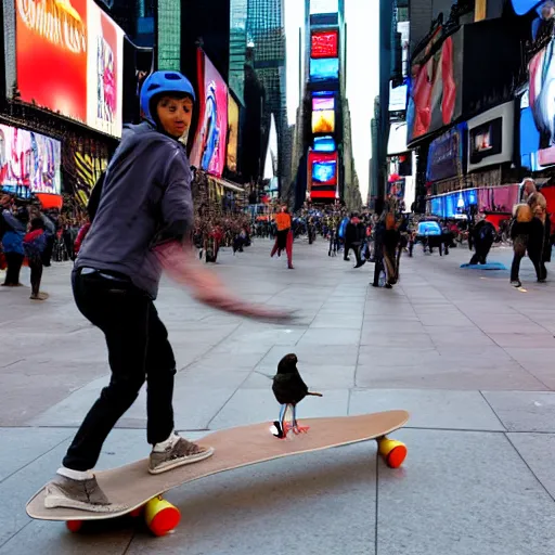 Image similar to a bird on a skateboard in times square