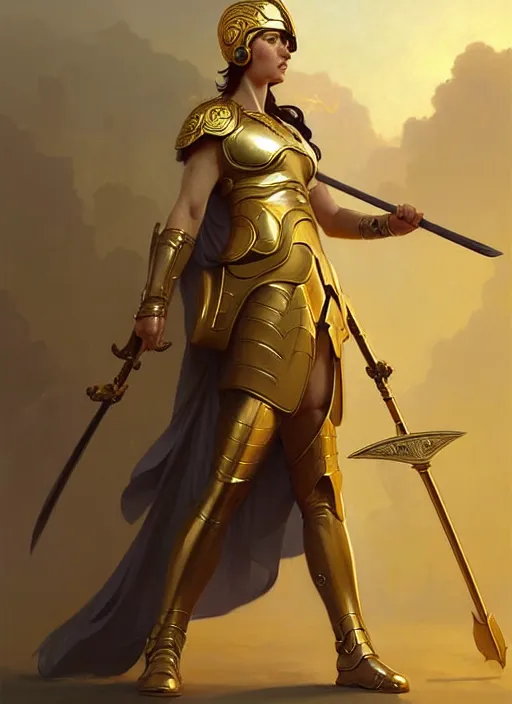 Image similar to character concept portrait of the goddess Athena with helmet and spear, shiny gold, intricate, elegant, digital painting, concept art, smooth, sharp focus, illustration, from Metal Gear, by Ruan Jia and Mandy Jurgens and William-Adolphe Bouguereau, Artgerm