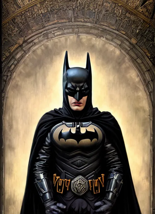 Prompt: majestic gothic batman black armored sinister man noir movie poster, art style by edmund leighton, tom bagshaw, alphonse mucha, exquisite digital art, haunting, masterpiece, organic painting, photorealistic, ornate and hyper detailed