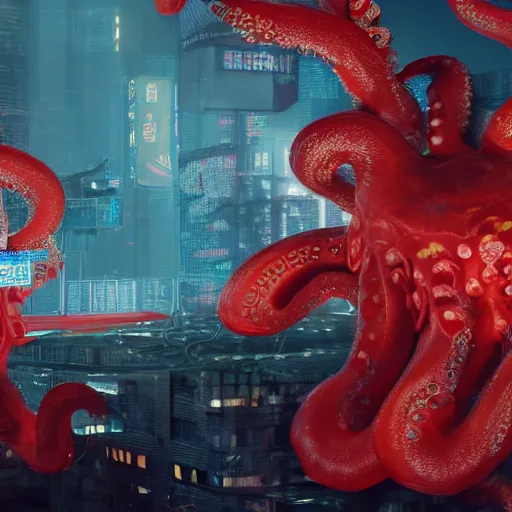 Prompt: Illustration of the Chinese communist party as a dirty octopus with lots of tentacles, dystopian, dirty, 3d shaded, cyberpunk, volumetric lighting, cgsociety, octane render, imax, highly detailed, 8k,