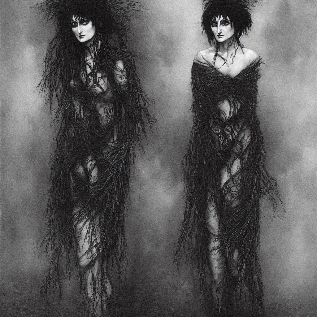 Image similar to siouxsie sioux, creepy atmosphere, dark, portrait, realistic, very realistic, illustration by gustave dore