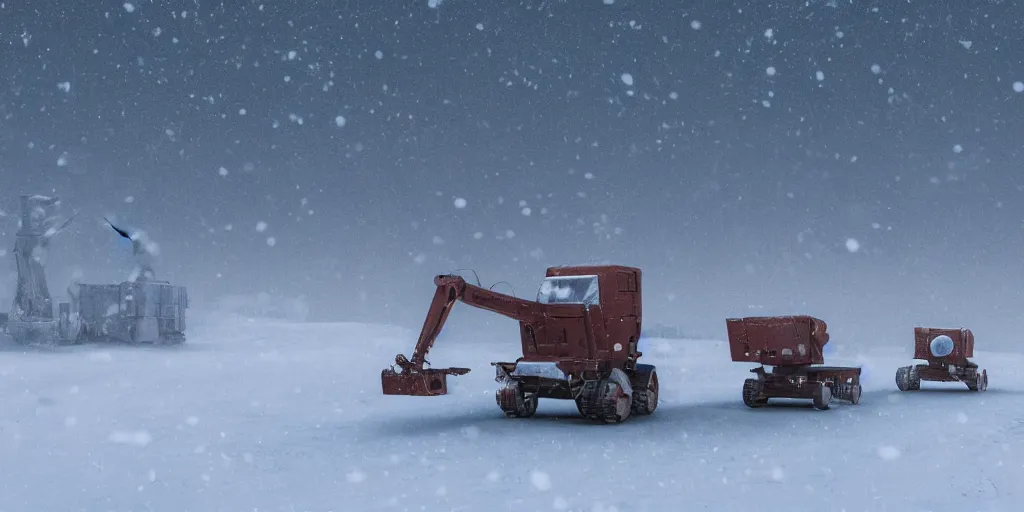 Prompt: a lot of snow realistic macro photograph of dystopian climate field robots working in Colorado mountains as the earth decays behind them, 8k, unreal 5 engine render, misty, dark, dry, Orwellian, vibrant colors, 25mm film grain Artwork by Simon Stålenhag