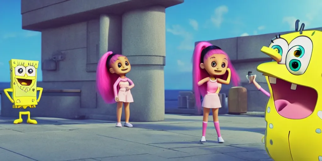 Image similar to “animated Ariana grande and SpongeBob hanging out. 4. Octane render, 4k, 8k, unreal 5, very detailed, hyper realism, trending on artstation.”
