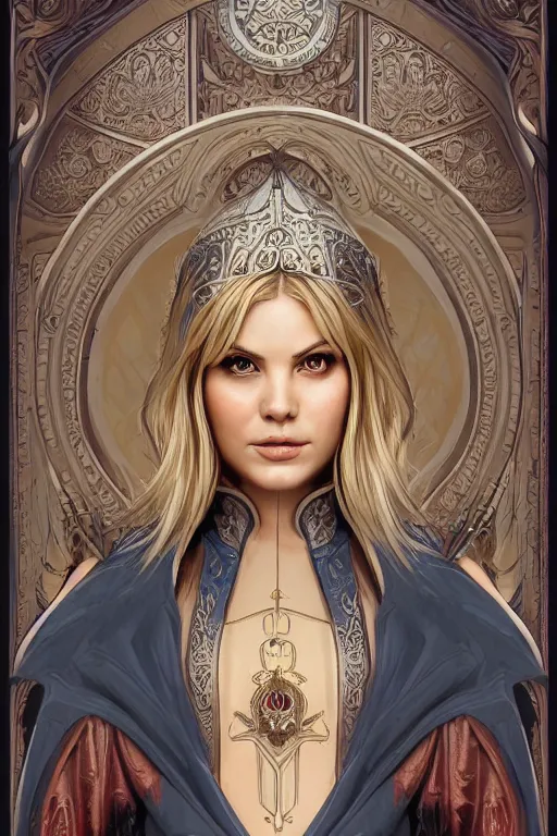 Prompt: head-on symmetrical centered painted portrait, Elisha Cuthbert as a paladin, blonde hair, ornate heavy plate armour, art nouveau, tarot card style, medieval robes, fantasy, intricate, elegant, highly detailed, smooth, sharp focus, illustration, artstation, in the style of Artgerm and Anna Podedworna and Alex Ross and Mucha