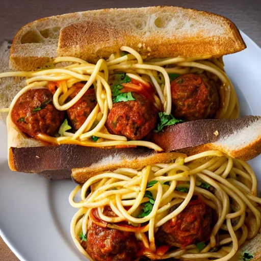 Prompt: meapswich, meatball and spaghetti sandwich, food photography