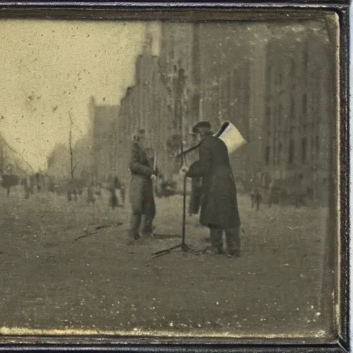 Prompt: 1 9 th century photo of vincent van gogh painting plein air in new york, tin type