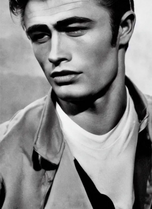 Prompt: genetic combination of james dean and ted cassidy, prominent cheekbones, deep dimples, strong jaw, striking details, handsome, beautiful, attractive, charming