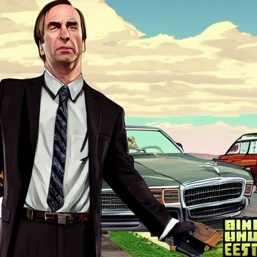 Image similar to Saul Goodman from Better Call Saul as a GTA character portrait, Grand Theft Auto, GTA cover art