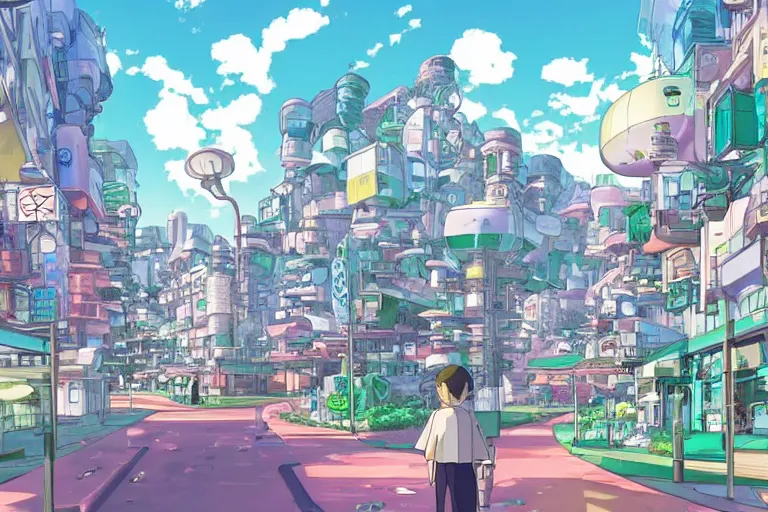 Image similar to an optimistic futuristic city street with a pop cannabis motif, by studio ghibli