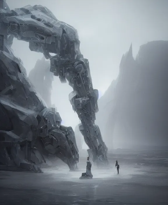 Image similar to surreal romantic prometheus horizontal white ancient mecha building architecture by ruan jia, futuristic blame, white architecture in the beach in iceland, foggy, highly detailed, digital painting, arstation, concept art, hyperealistic octane render, unreal engine