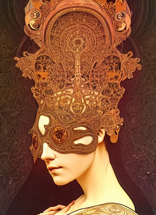 Image similar to a mask of my own face, intricate, elegant, highly detailed, lighting, painting, artstation, smooth, illustration, art by greg rutowski and alphonse mucha