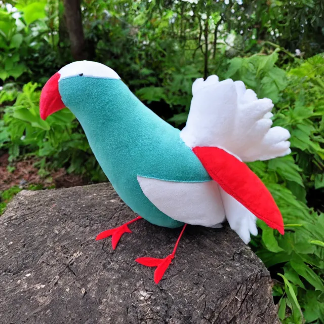 Prompt: took my birb plushie to the botanical garden for a photoshoot!