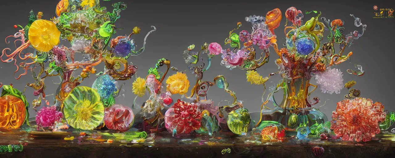 Image similar to ultradetailed photorealistic still life with jelly flowers by ernst haeckel, jan brueghel, james jean and murakami takashi, slime and tentacles, wide angle, minimalistic cinematic composition, octane render, bokeh, unreal engine, 4k, 3d render