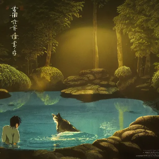 Prompt: wolf, forest, drinking water from an illuminated pool, hayao miyazaki, masashi ando, nizou yamamoto, kazuo oga, joe hisaishi, yoji takeshige, naoya tanaka