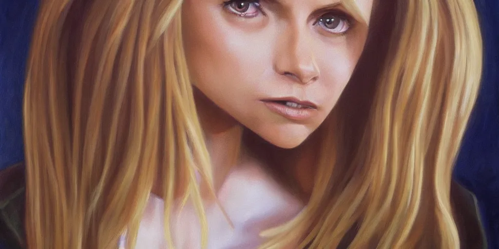 Prompt: a hyperrealistic beautiful oil painting of Buffy Summers; masterpiece; extremely detailed; ultra realistic; trending on artstation