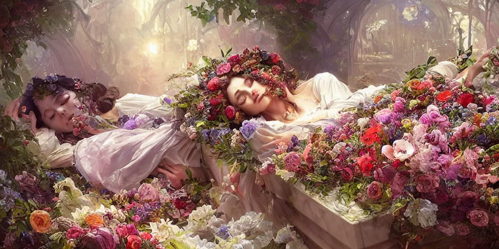 Image similar to an elaborate coffin with a mysterious sleeping beauty holding a large bouquet of flowing flowers,, fantasy, regal, intricate, by stanley artgerm lau, greg rutkowski, thomas kindkade, alphonse mucha, loish, norman rockwell