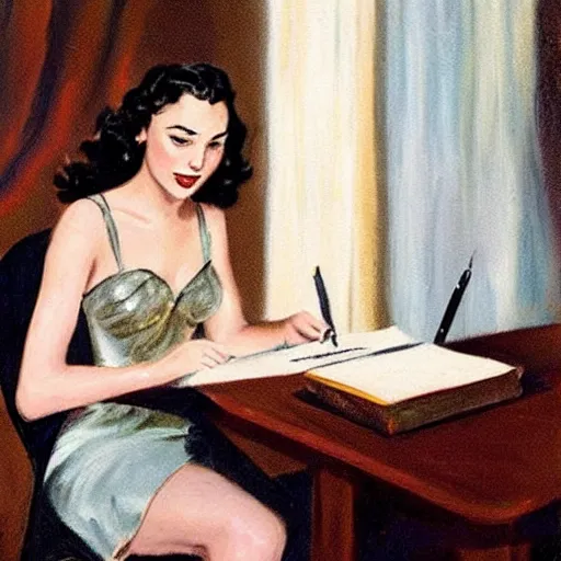 Image similar to 1950 painting of Gal Gadot writing a letter