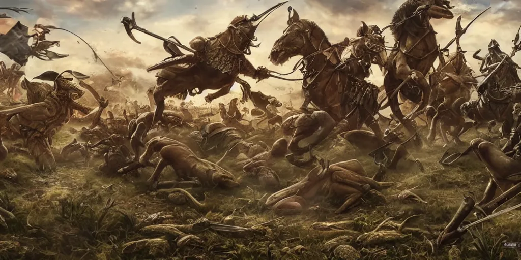 Image similar to an expansive battlefield scene showing a battle between bipedal medieval armored frogs and bipedal rat men with swords, extremely detailed, 8k resolution, in gladiator, cinematic, art by artgerm