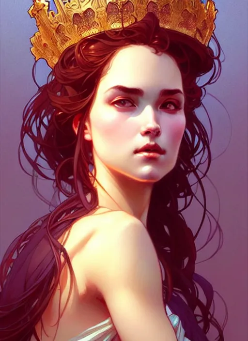 Image similar to queen, dainty wilder face, incredibly detailed face, pretty face, light dress, true anatomy, art by artgerm and greg rutkowski and alphonse mucha