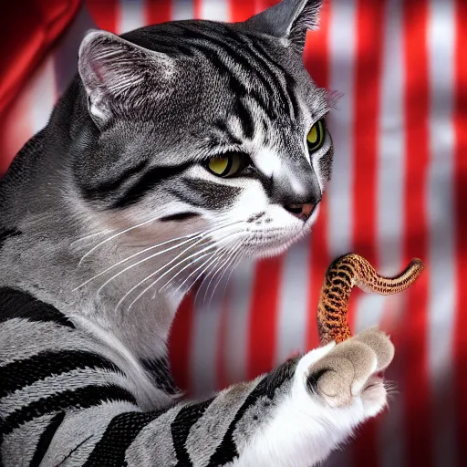 Prompt: a cat clawn playing with a cobra snake in the circus HD photo superrealism 3d 8k resolution