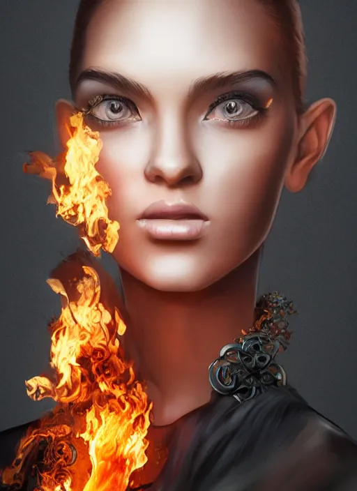 Image similar to 3d fashion portrait with fire, female, future, torch, flame, harper's bazaar, vogue, fashion magazine, intricate, concept art, close up, ornate, luxury, elite, elegant, trending on artstation, by ruan jia, by Kenneth Willardt, by ross tran, by WLOP, by Andrei Riabovitchev,