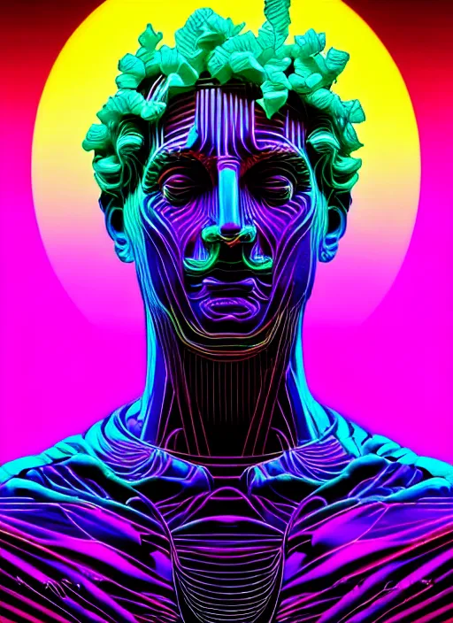 Image similar to statue of dionysus, beeple, android jones, ( ( ( ( ( dan mumford ) ) ) ) ), vaporwave, retrowave, black background, neon wiring, lines, black, glitch, strong contrast, cuts, pinterest, trending on artstation