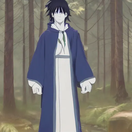 Image similar to concept art painting of an anthropomorphic anime style humanoid white raven wearing dark blue robes, in the deep forest, realistic, detailed, cel shaded, in the style of makoto shinkai and greg rutkowski and james gurney