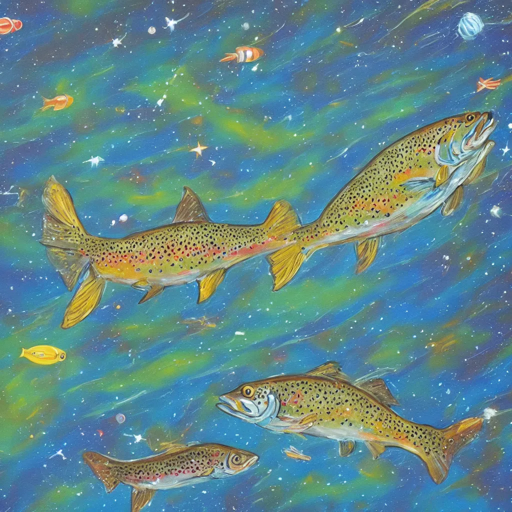 Image similar to a painting of a trout swimming in outer space