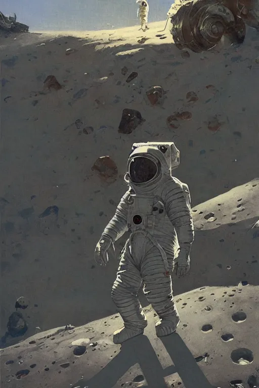 Image similar to fan astronaut stands on the surface of the moon, by norman rockwell, jack kirby, jon berkey, earle bergey, craig mullins, ruan jia, jeremy mann, tom lovell, marvel, astounding stories, 5 0 s pulp illustration, scifi, fantasy, artstation creature concept