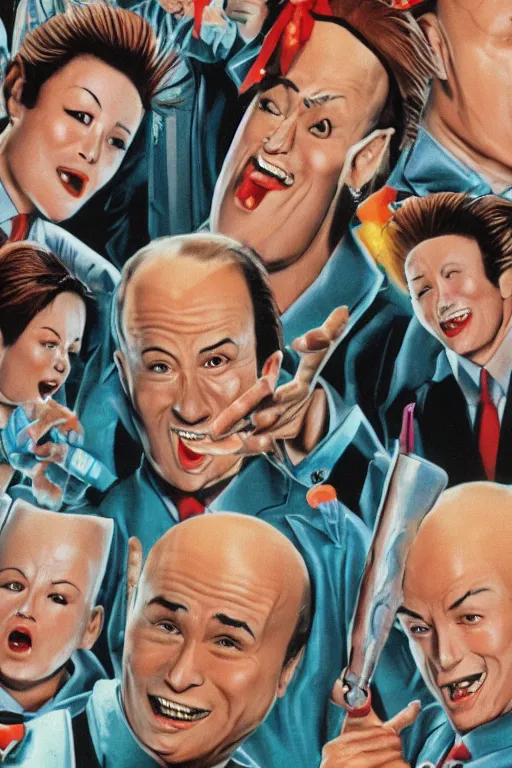 Image similar to coneheads, japanese vhs cover art, detailed facial expressions