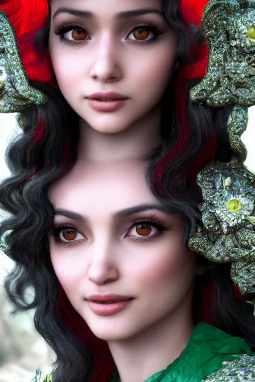 Image similar to dreamy beautiful persian asian princess in clouds, green eyes, red dress, long black curly hair, smiling, wearing a diamond tiara, face, highly detailed, artstation, concept art, sharp focus, hyper realistic, octane render, unreal engine, 8 k