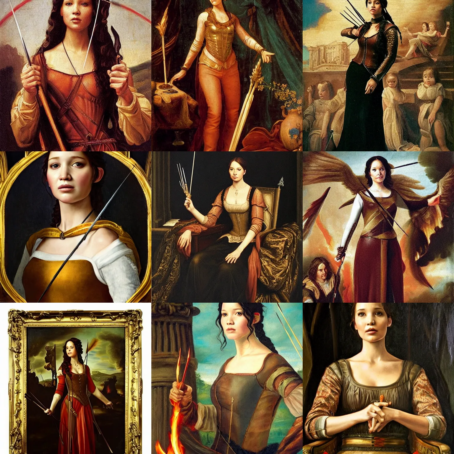 Prompt: renaissance oil painting of katniss everdeen as the queen of england