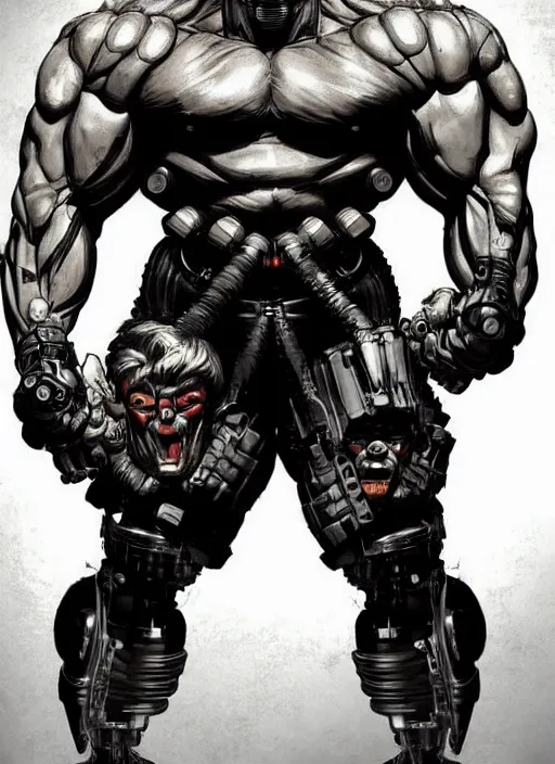 Image similar to Full body portrait of an extremely muscular, very buff, huge mutant man with a creepy cybernetic mask. He Is wearing only a loincloth. In style of Yoji Shinkawa and Hyung-tae Kim, trending on ArtStation, dark fantasy, great composition, concept art, highly detailed. Colourful.