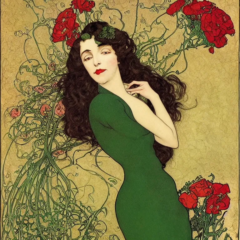 Image similar to A brunette woman standing in a green dress on a gold background, with black roses and red lips Anton Pieck,Jean Delville, Amano,Yves Tanguy, Alphonse Mucha, Ernst Haeckel, Edward Robert Hughes,Stanisław Szukalski and Roger Dean