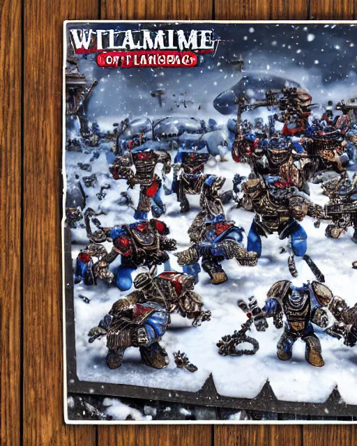 Prompt: postcard showing 'warhammer space marines frollicking in the snow' laying on coffee table, zoomed out, HD, iphone capture