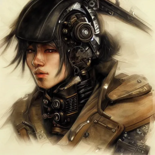 Image similar to portrait of a man by ayami kojima, japanese, he is about 2 0 years old, black short hair with bangs, he is wearing a steampunk tactical gear, highly detailed portrait, digital painting, artstation, concept art, smooth, sharp foccus ilustration, artstation hq