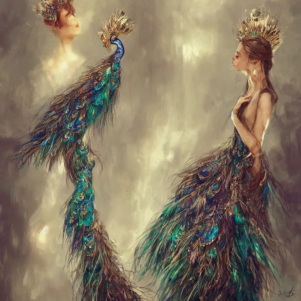 Prompt: an elegant beautiful princess wearing peacock feathers as crown, art by greg rutkowski