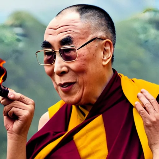 Prompt: dalai lama holding a flamethrower