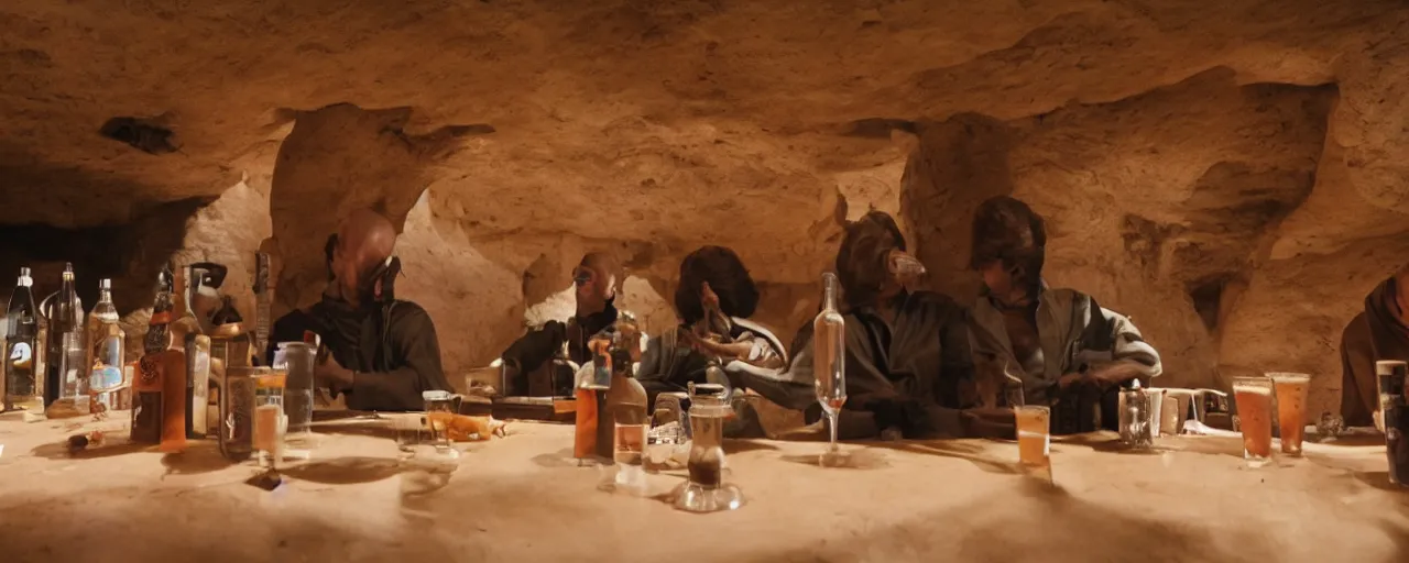 Prompt: Film still of the cantina in Star Wars, inside a bar, tables, bottles, stone walls, cave like, tatooine, Cinestill colour cinematography, anamorphic, year 3000, cat drinking milk