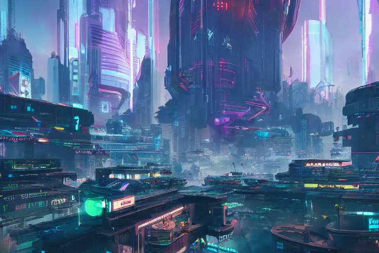 Image similar to future utopian city in the style of a cyberpunk 2 0 7 7 screenshot, concept art, artstation, deviantart, behance, highly detailed