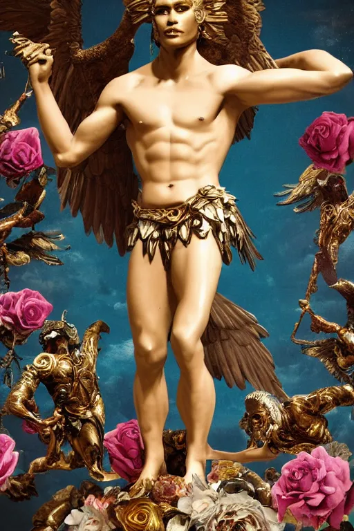 Image similar to a young handsome Latino prince in a full-body bronze cyberpunk style statue of Icarus with glowing blue eyes, crown of peach roses, flowing teal-colored silk, fabric, flowers. baroque elements, human skull. full-length view. baroque element. intricate artwork by caravaggio. many many birds birds on background. Trending on artstation, octane render, cinematic lighting from the right, hyper realism, octane render, 8k, depth of field, 3D