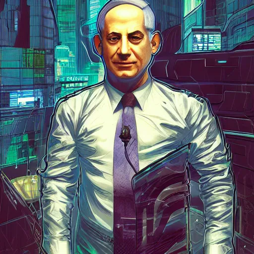 Image similar to cyberpunk portrait of benjamin netanyahu as a cyborg, by clint cearley and ashley wood and alphonse mucha
