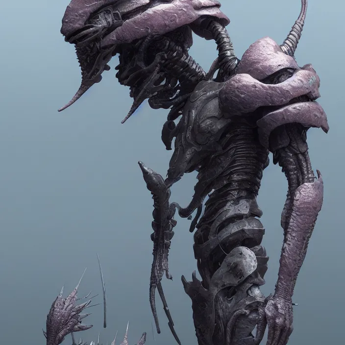 Image similar to a character in a scenic environment by wayne barlowe and nihei tsutomu, close up shot, dreamy hazy, biological armor, highly detailed, 3 d render, vray, octane, realistic lighting