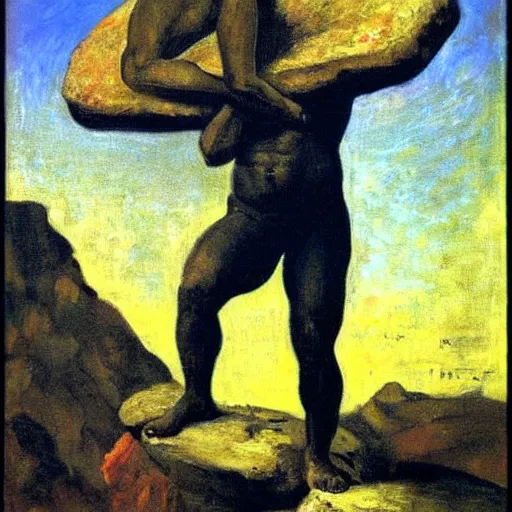 Image similar to a painting of benjamin netanyahu as sisyphus, by franz stuck