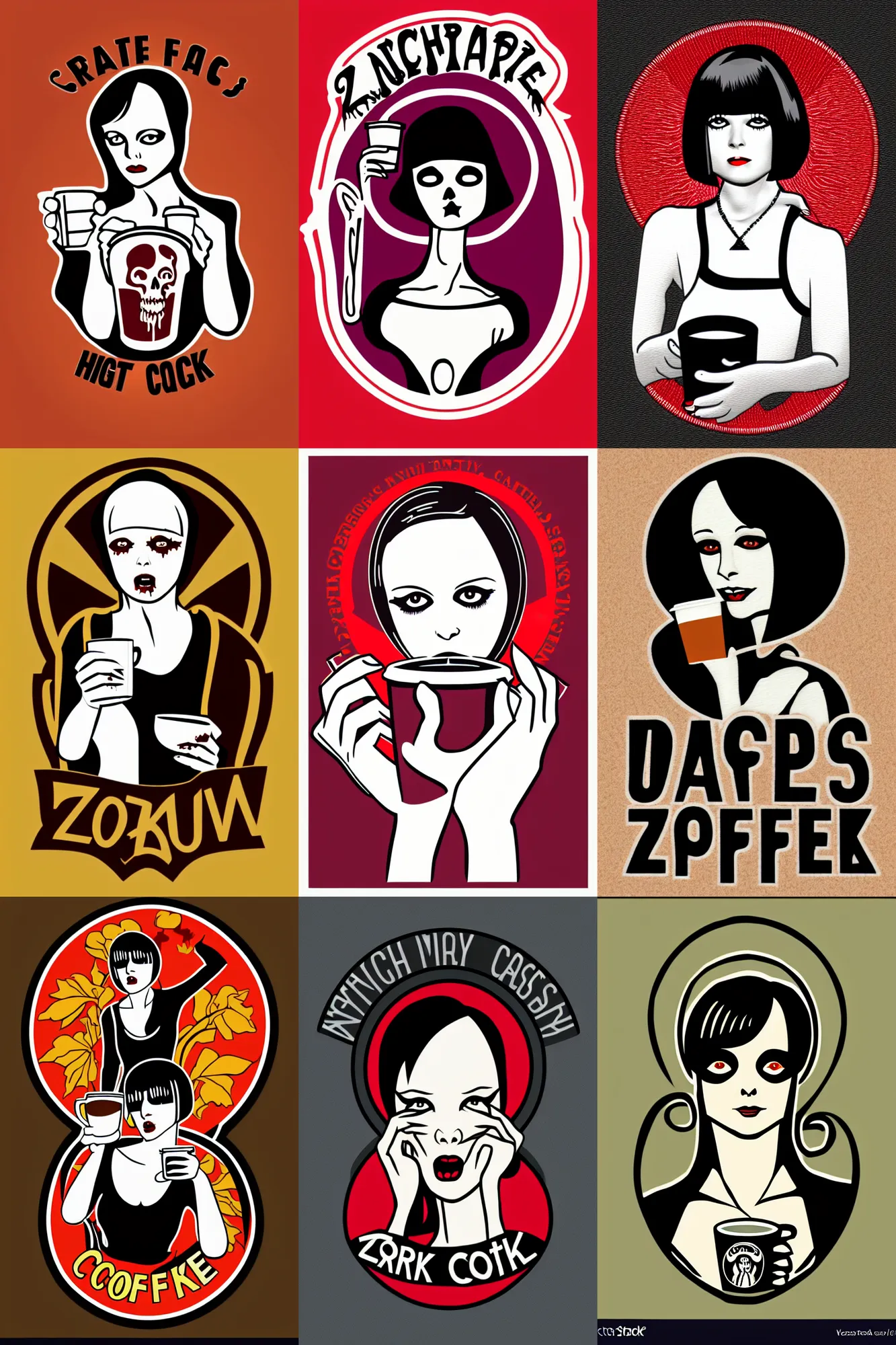 Prompt: patch logo design, vector, mary louise brooks as a zombie holding coffee cup, high detail spiral design