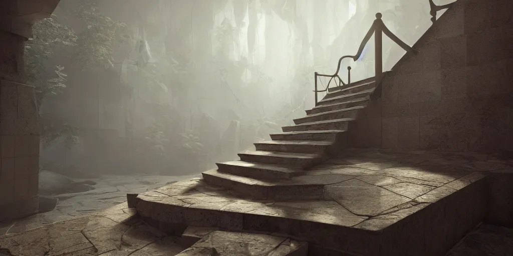 Prompt: staircase leading to an entirely new world, artstation, octane render, cgi, cgsociety, volumetric lighting, cinematic, colorful, ray traced, ambient occlusion, depth of field, fog,