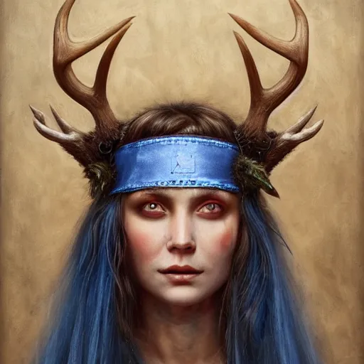 Image similar to A young female shaman, blue hair and antlers on her head. blindfolded, heilung, in the style of Heather Theurer, headshot photoshoot, insanely detailed and intricate, beautiful, elegant, cinematic toplight, portrait, headroom, artstation, karol bak