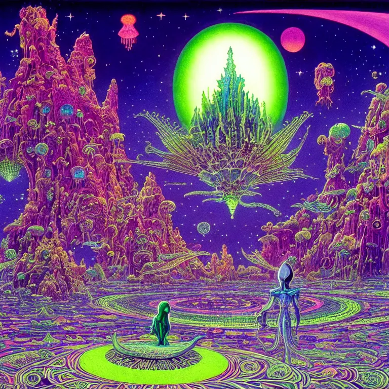 Prompt: mysterious ufo hovering over magical crystal temple, bright neon colors, highly detailed, cinematic, hiroo isono, tim white philippe druillet, roger dean, lisa frank, aubrey beardsley, ernst haeckel
