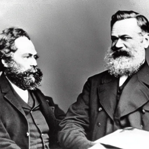 Image similar to Karl Marx and Ayn Rand conspiring, photo, 1920, military base backround