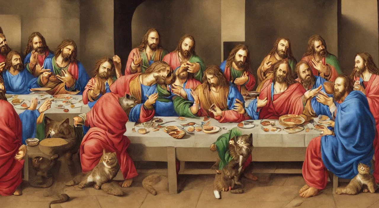 Image similar to painting of the last supper portrayed by cute cats